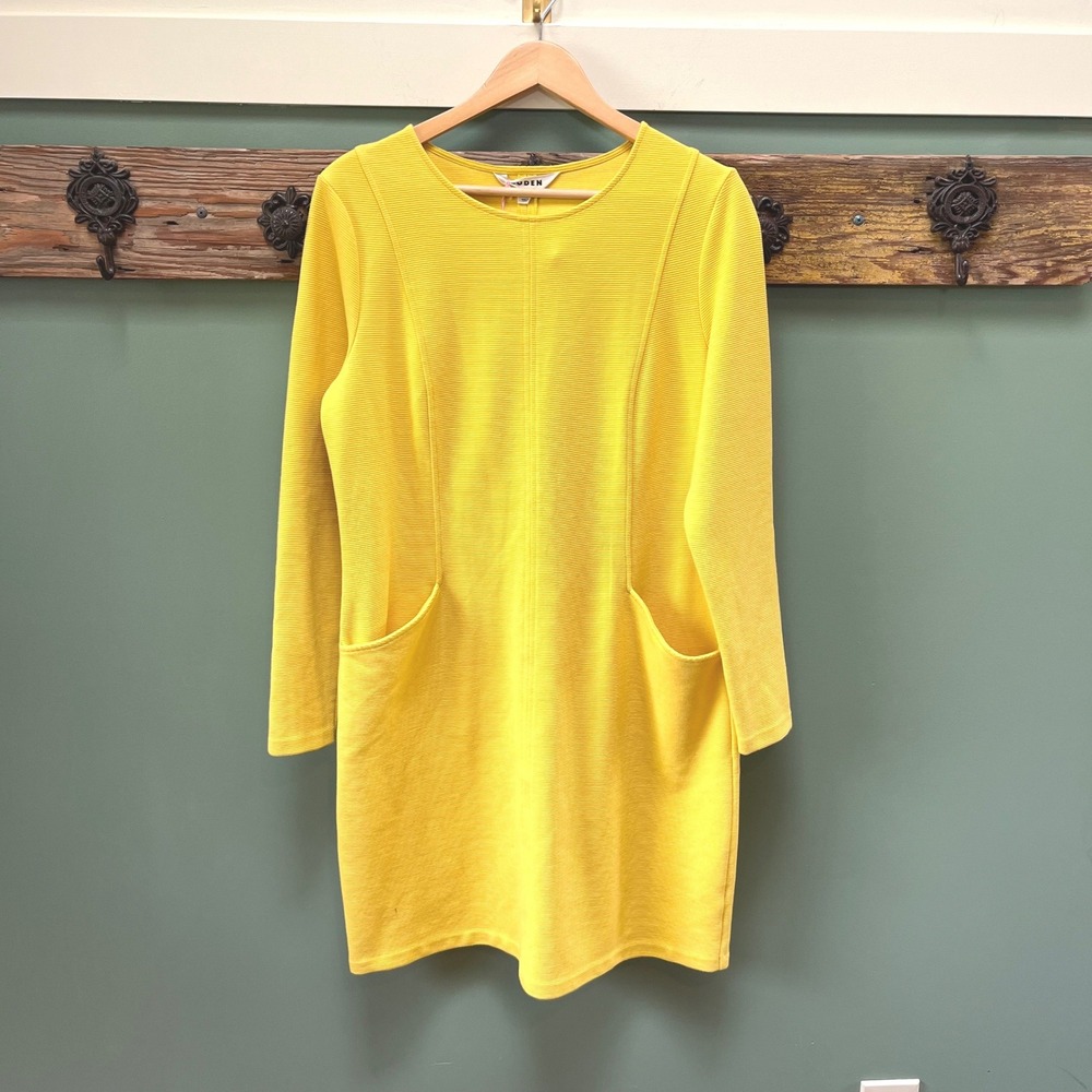 Boden Yellow Ottoman Textured Shift Dress Long Sleeve Pockets US 12R NEW